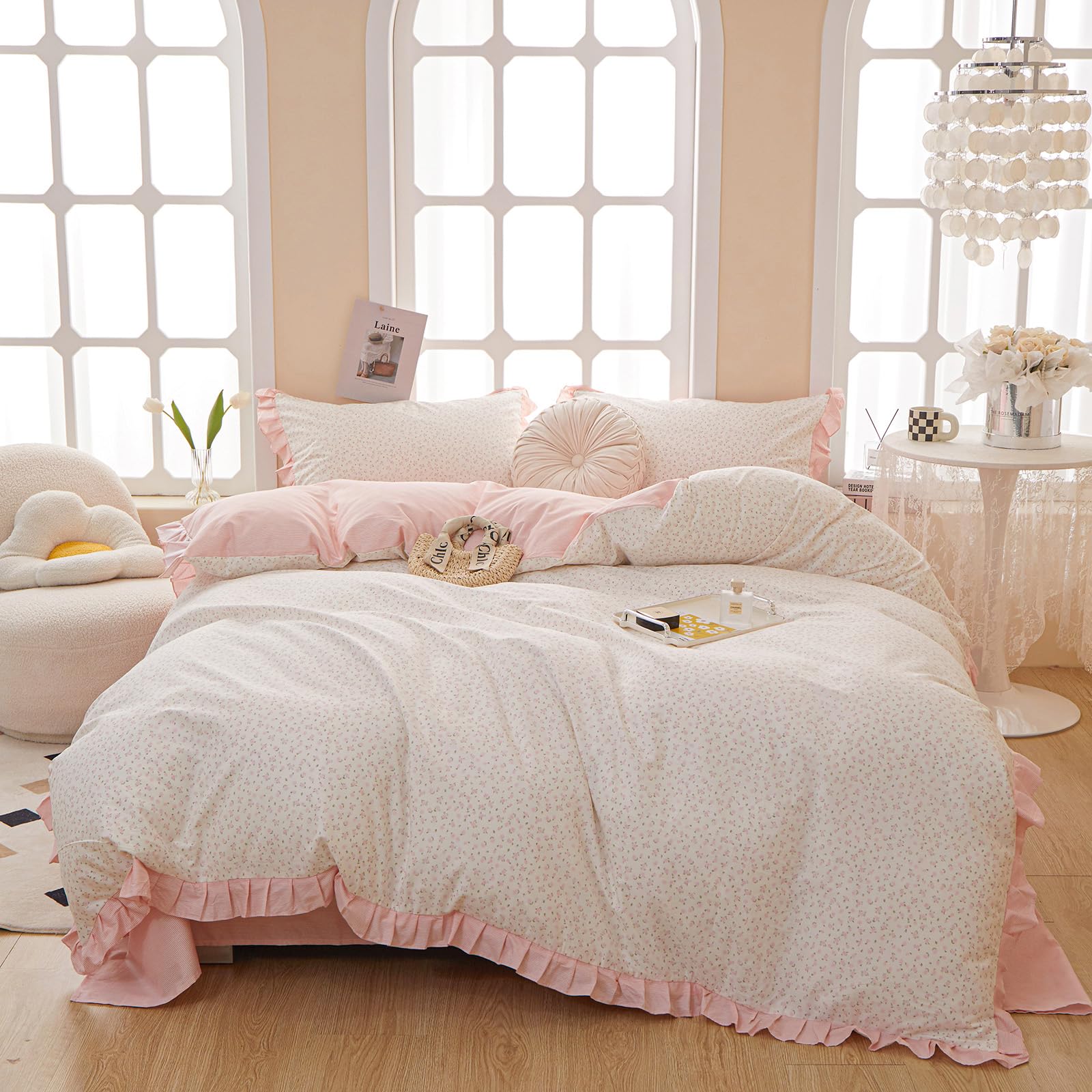 Motntd Pink Floral Queen Duvet Cover Pink Ruffle Coquette Comforter Cover Queen Size Cotton Boho Aesthetic Cute Duvet Cover Set